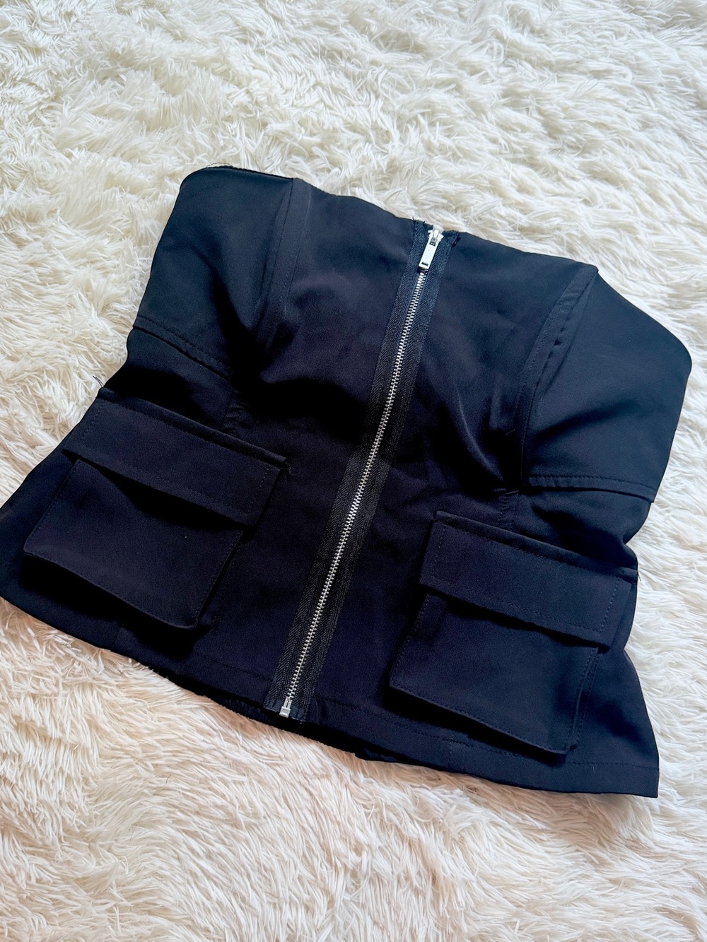 like an angel Black Strapless Cargo Pocket Crop Top with Front Zip